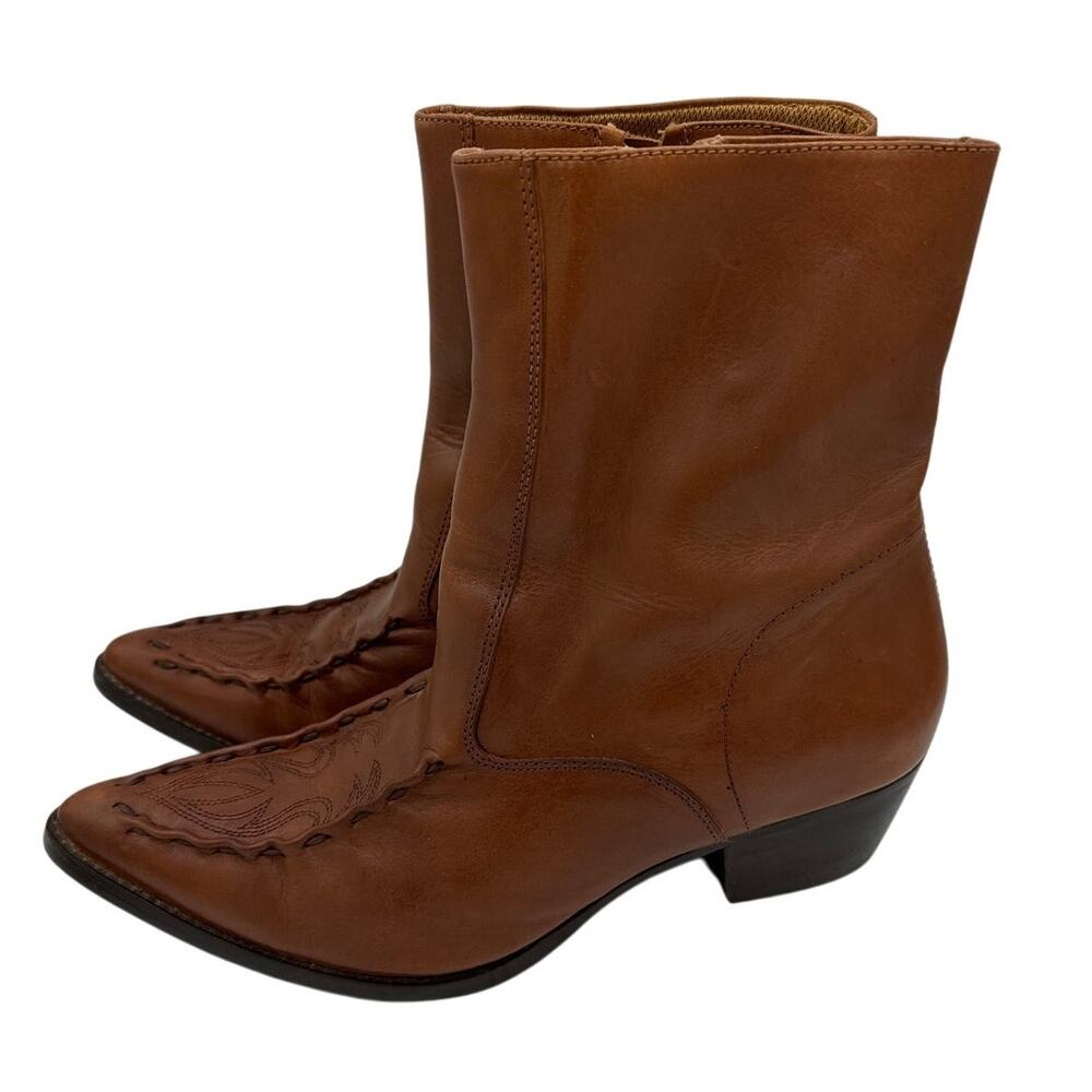 Vintage Acme Brown Leather Western Ankle Boots Women’s Size 10 Side Zip Heeled
